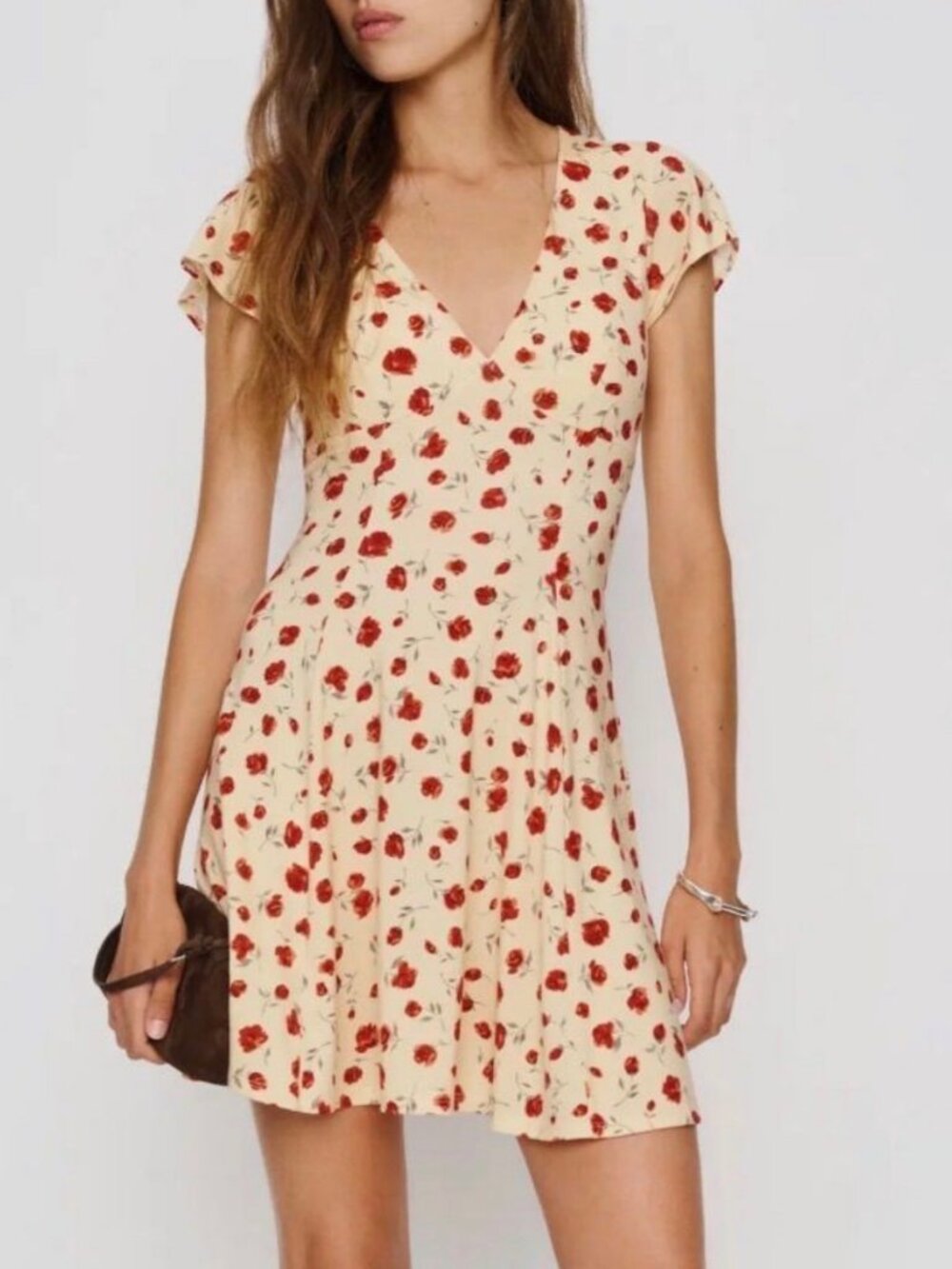 Reformation Olivia Fit and Flare Mini Dress Red Floral Cream 4